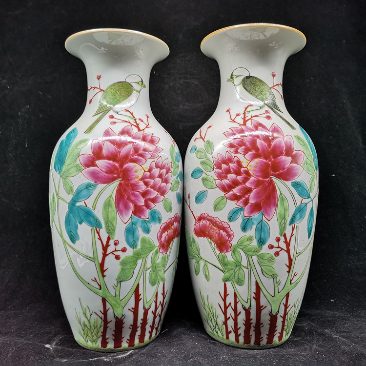 大清光绪年制重工粉彩花开富贵花鸟花瓶古瓷老货摆件