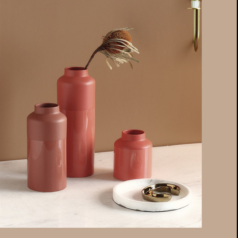 北欧莫兰迪创意直筒红色陶瓷花瓶摆件 店铺客厅餐桌插干花器包邮