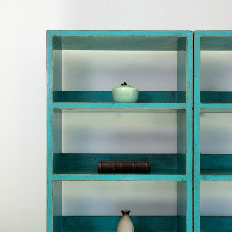 古朴彩漆书架实木彩色做旧现代简约落地设计客厅书房家具展示置物