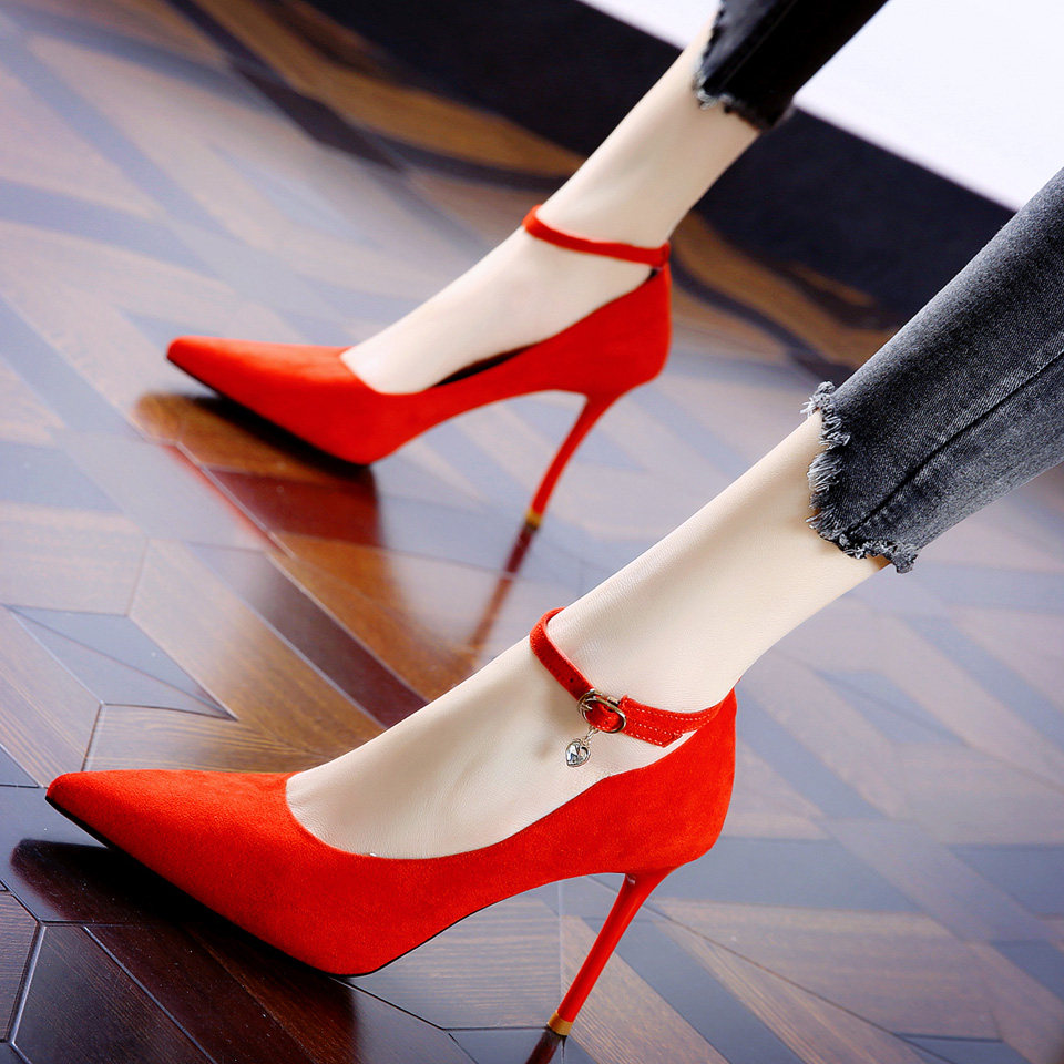 大红春季跟单带细搭扣一字水钻新品红色高跟鞋单鞋