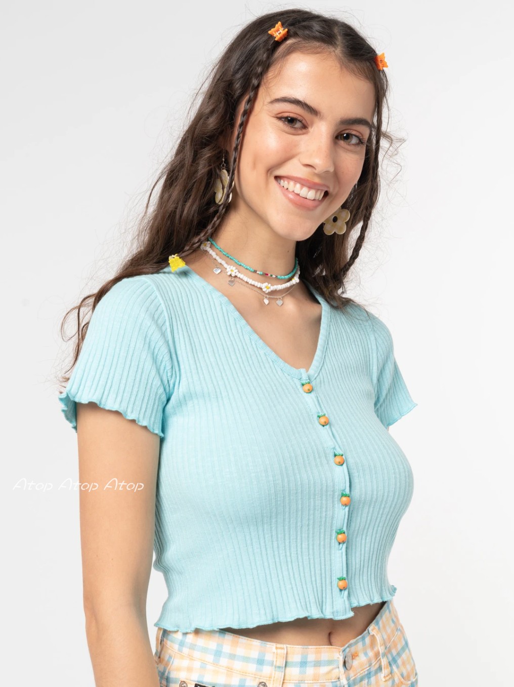 新款mingalondon英国代购浅蓝排扣小橘子条纹螺纹t恤