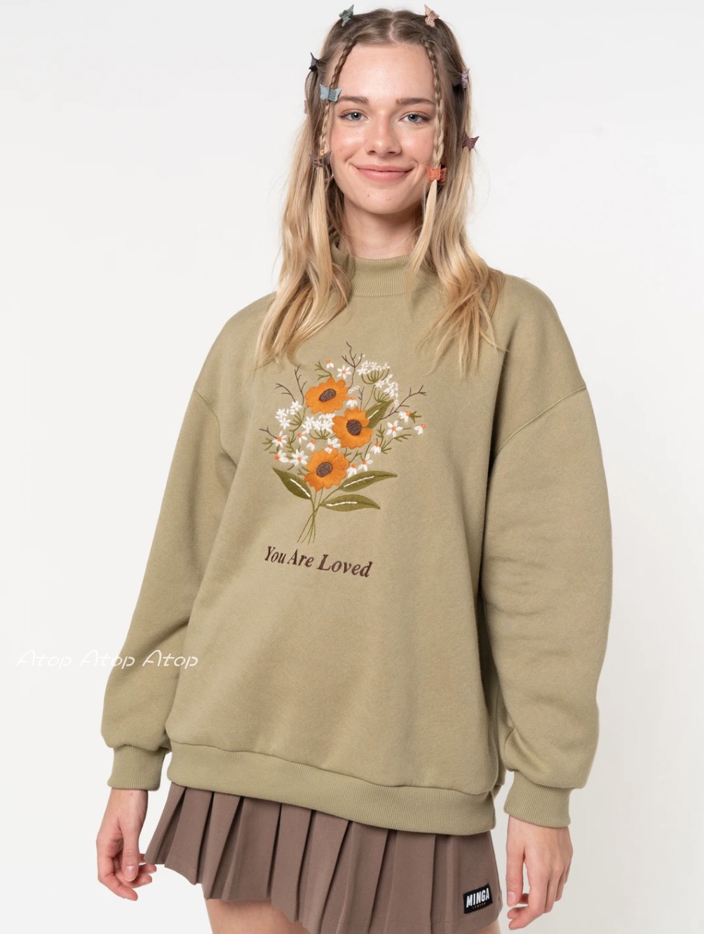 mingalondon英国代购刺绣小花小高高领宽松卫衣卫衣