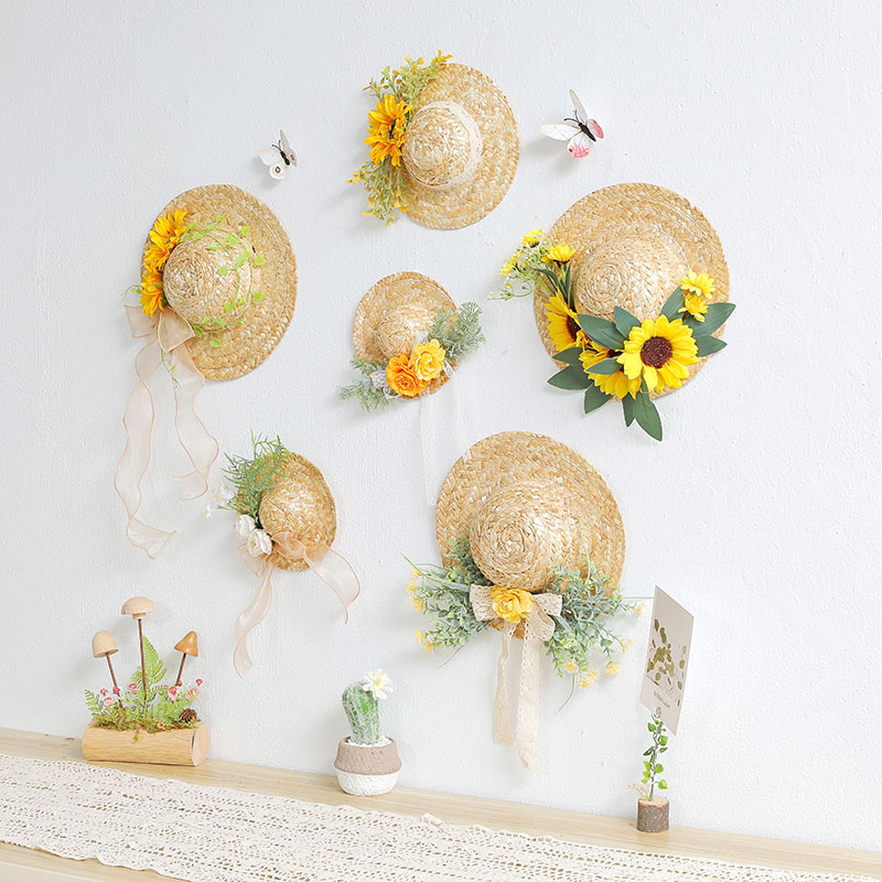 草编帽子壁饰自然幼儿园植物户外装饰空中吊饰壁饰