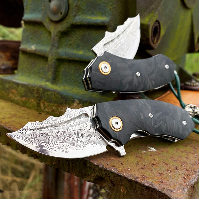 小魔牛进口大马士革钢手工折叠刀 - 淘乐搜