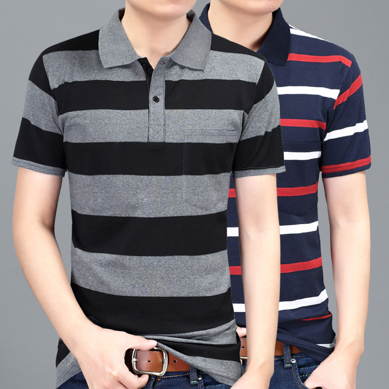 2021夏季新款中年男士短袖t恤宽松简约有口袋条纹POLO衫翻领体恤