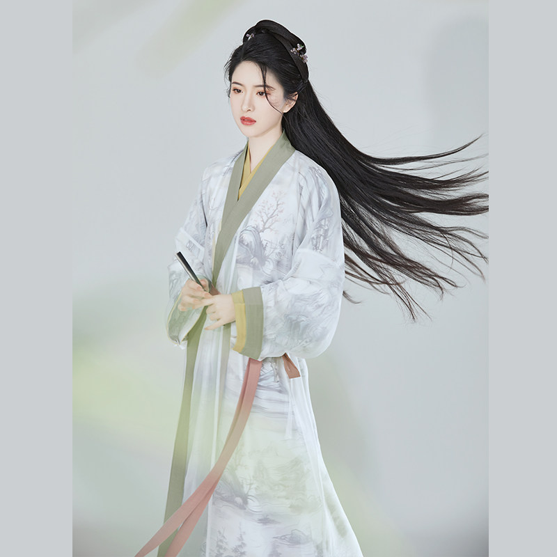 现货织造司原创江南春漫:交领汉制汉元素直裾纱衣中国风汉服-图3