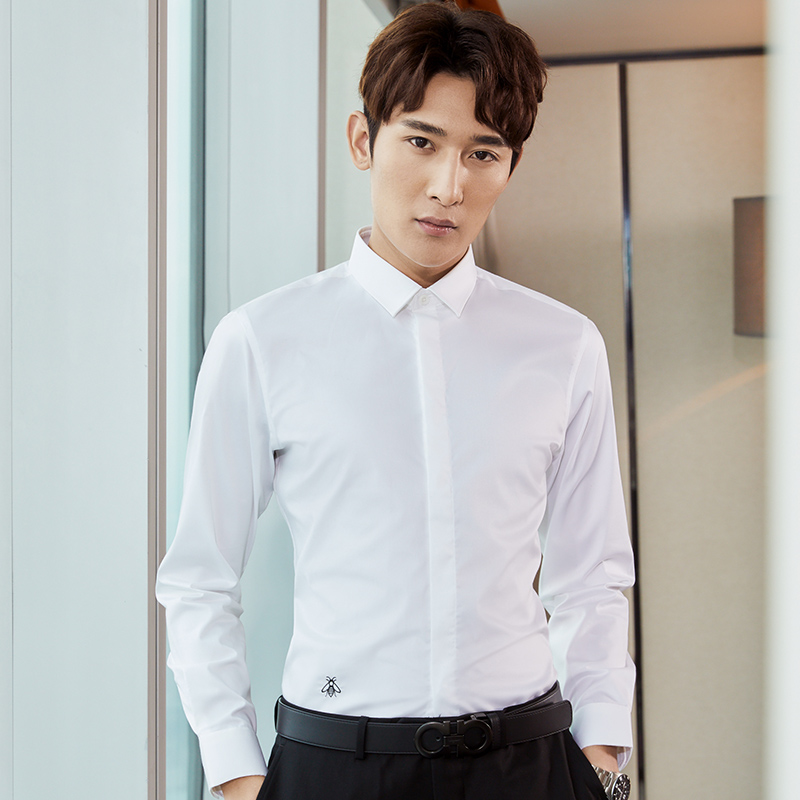 衬衫男长袖白色纯棉修身寸衫韩版潮流商务时尚小蜜蜂立领男士衬衣