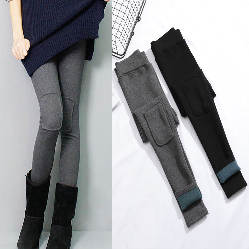 秋冬加绒补丁打底裤女膝盖加厚贴布弹力修身保暖外穿高腰小脚裤春