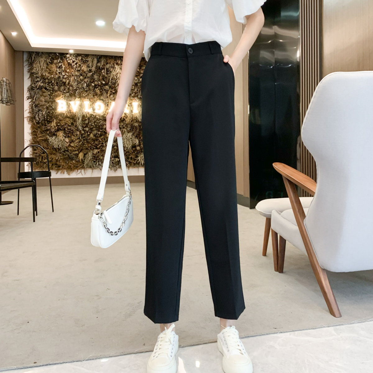 西装裤女夏季薄款八分裤直筒宽松大码显瘦mm休闲裤