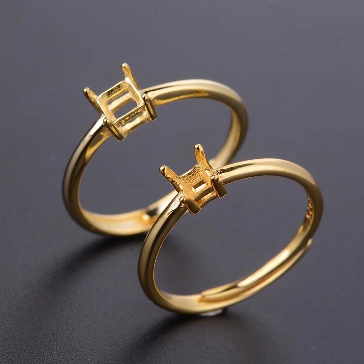 s925戒托红宝祖母绿镶嵌石代方形时尚4mm空托戒指