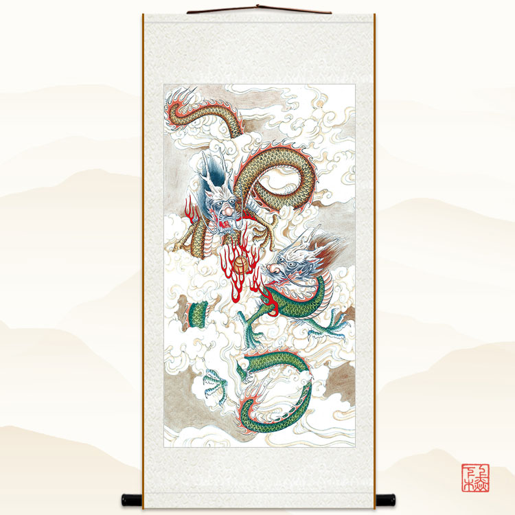 双龙戏珠青龙祥龙飞天画像中式复古装饰画绢布国画