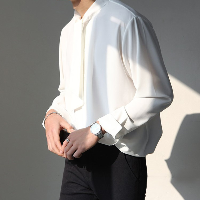 高级宽松男内衬衣白色立领休闲潮流韩版冰丝衬衫
