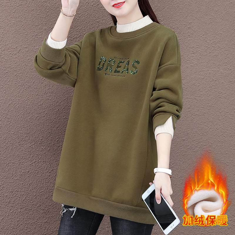 假两件套加绒卫衣女秋冬时尚韩版大码女装半高领宽松上衣加厚外套