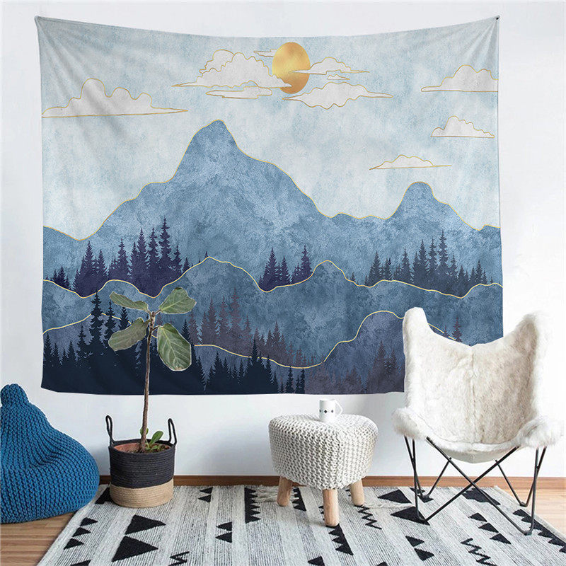 油画远山装饰布直播间个性挂布装饰风景卧室画风挂毯