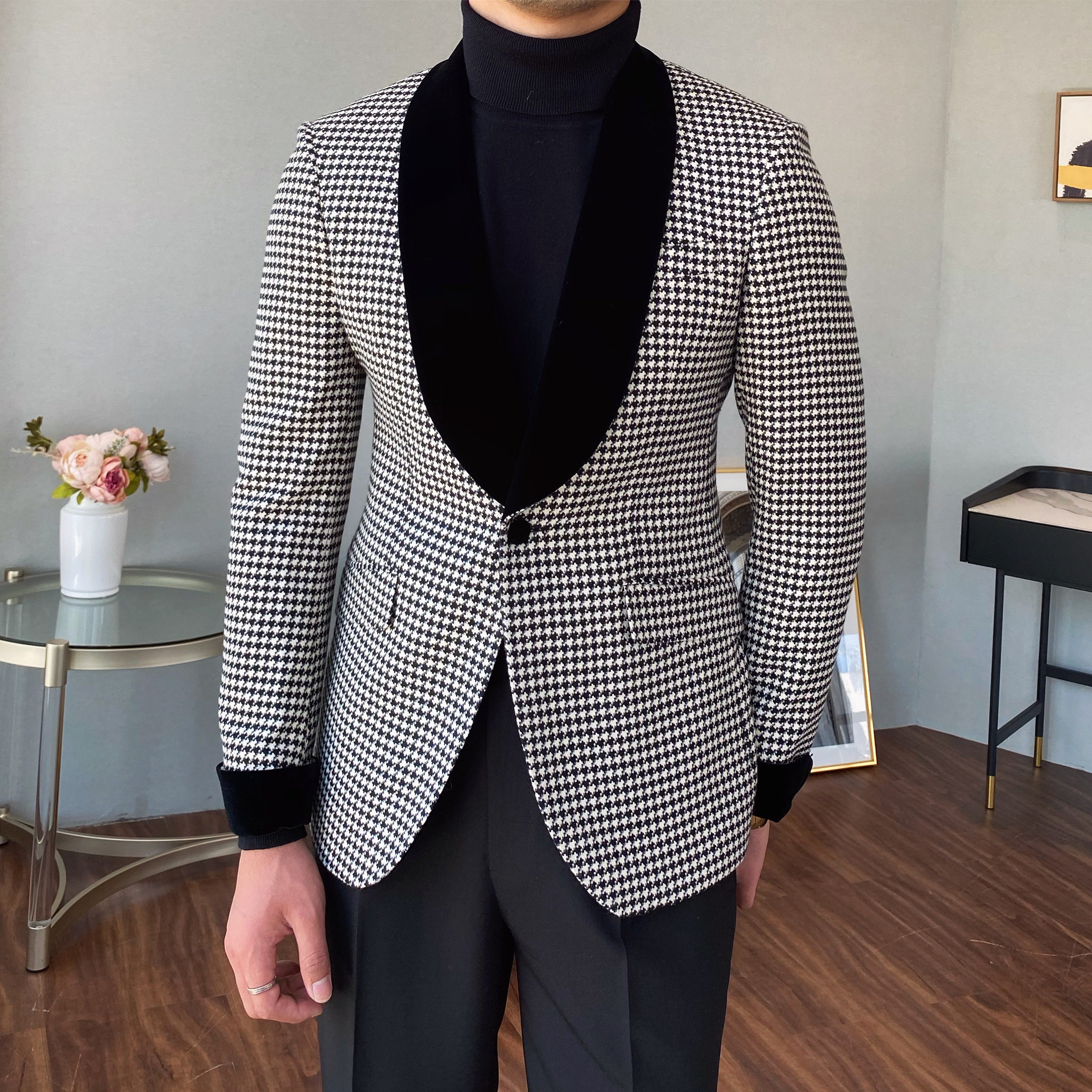 三先生男士青少年修身青果千鸟格西服主持新郎礼服西服套装