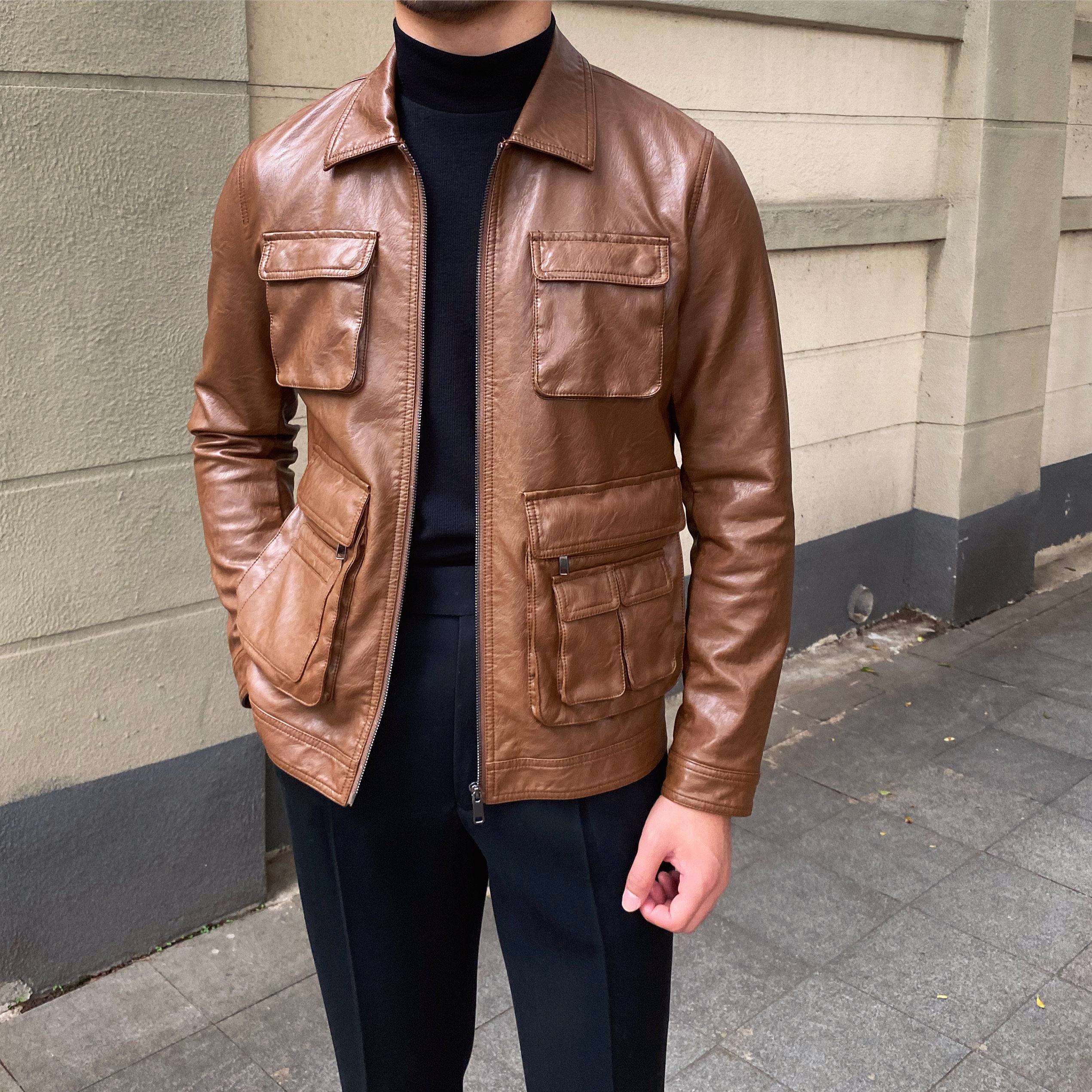 三先生翻领修身口袋工装皮衣夹克韩版秋季英伦皮衣