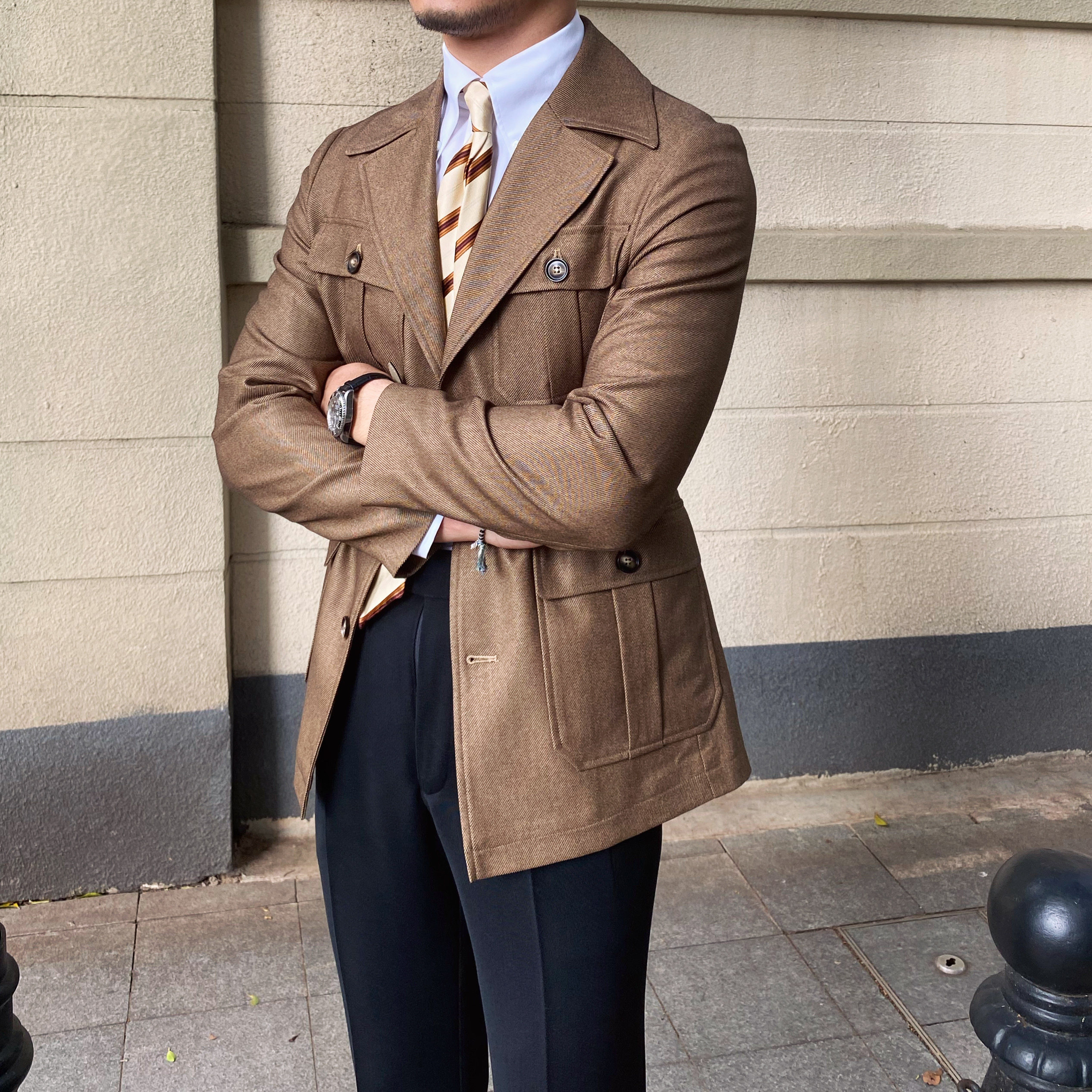 三先生自制秋冬英伦西装领高猎装夹克复古时尚休闲夹克