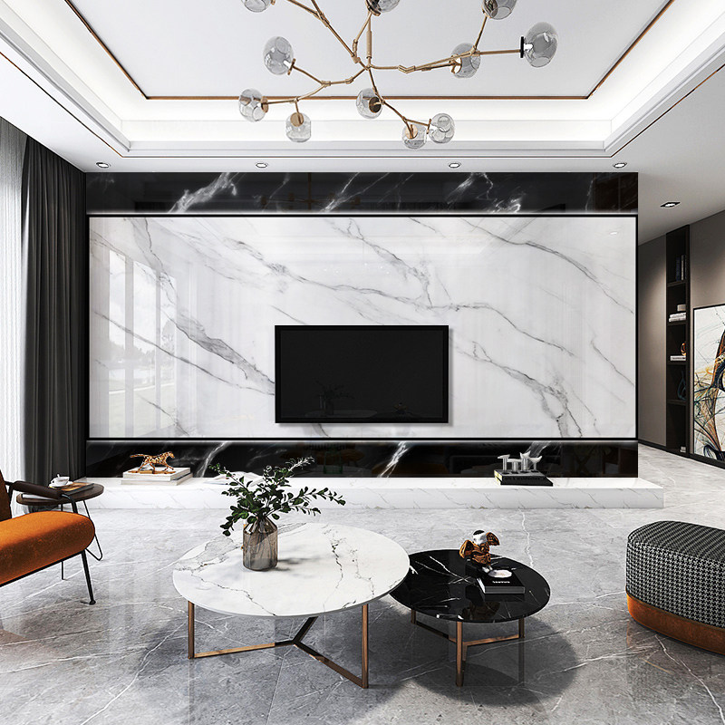 轻奢大理石电视背景墙瓷砖微晶石简约现代客厅悬空影视墙装饰岩板