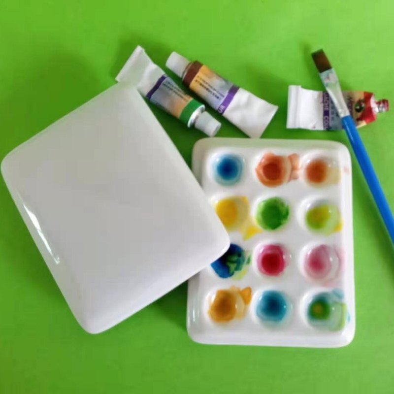 带盖12色陶瓷调色盘粉彩调料白瓷调色水粉水彩调色盘