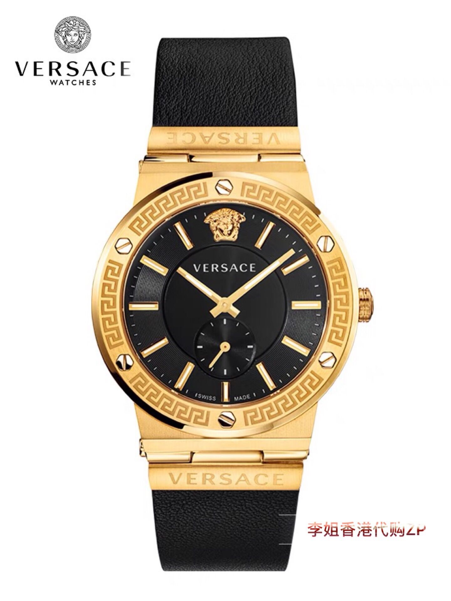 正品代购Versace/范思哲男女情侣手表时尚石英腕表防水皮带黑金