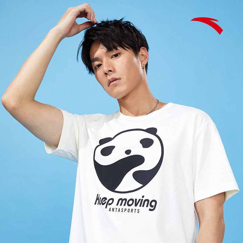 安踏短袖半袖休闲透气体恤运动打底图案熊猫运动t恤