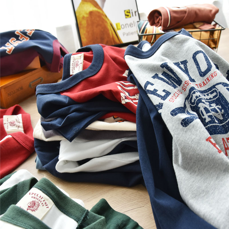 创意插肩袖！秋季纯棉圆领打底衫男 舒适休闲复古宽松拼接长袖T恤