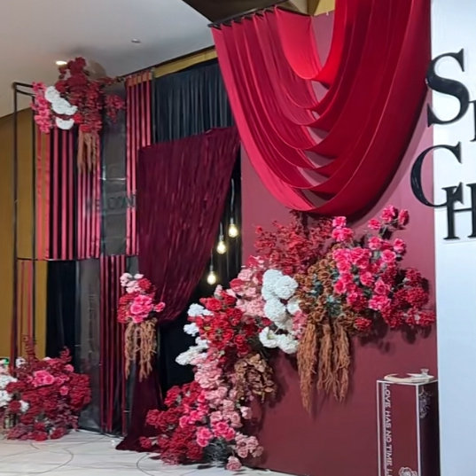 行云流水布幔一体弹力红色背景布婚礼堂吊顶专用节庆布艺用品