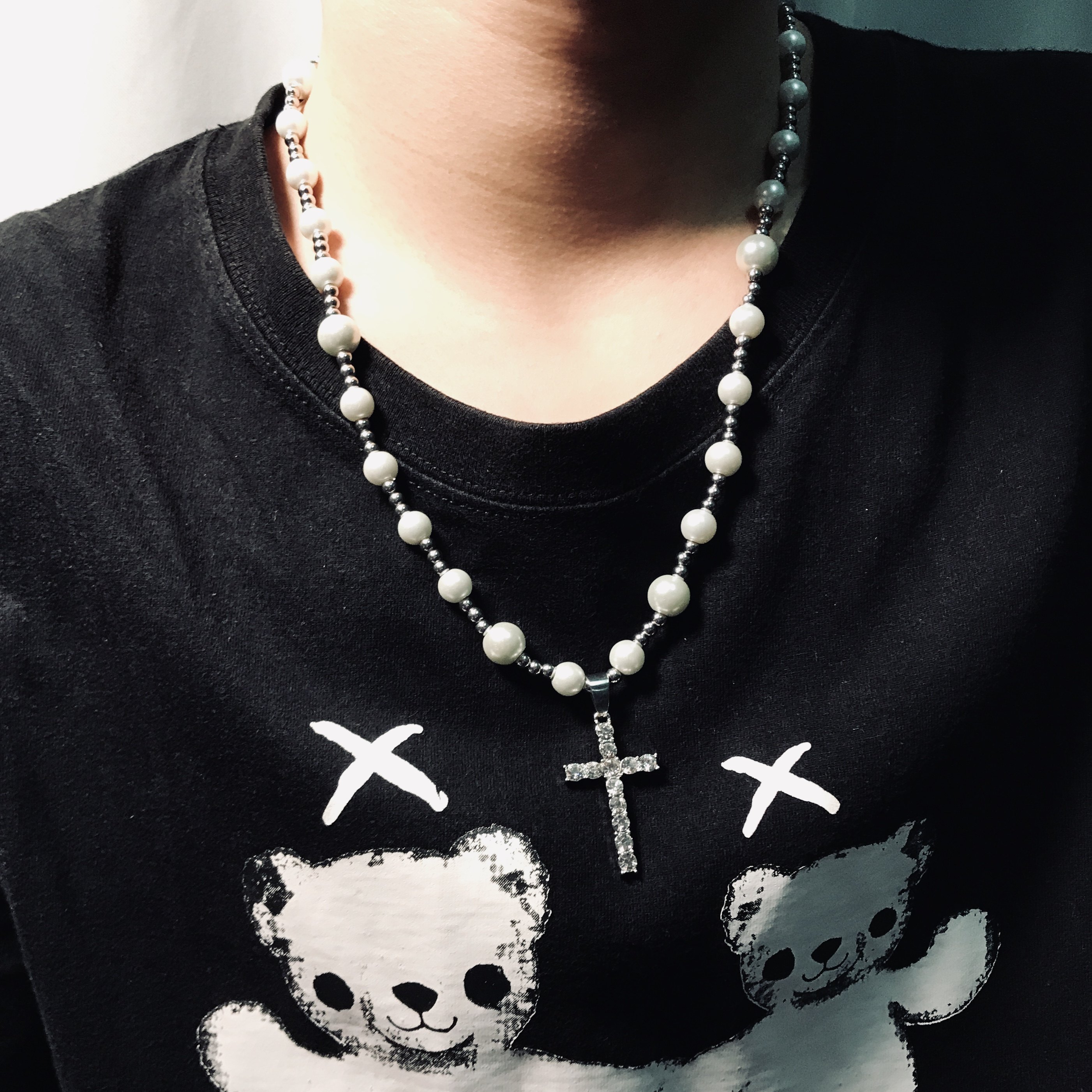 asaprocky欧美流行嘻哈复古双层珍珠锆石十字架项链