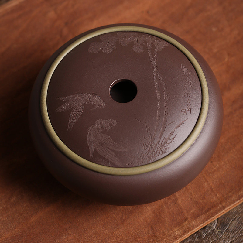 宜兴紫砂李建军建军手工刻绘紫砂原矿紫泥茶叶罐荷塘茶叶罐