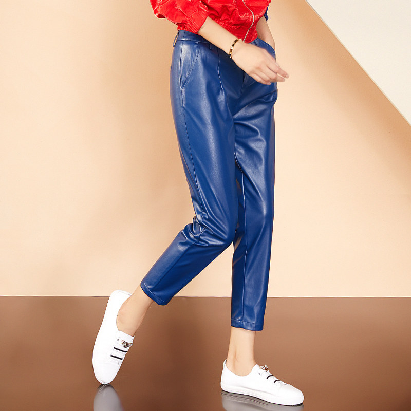 2020哈伦皮裤皮皮pu蓝色秋装时尚休闲裤宽松休闲裤