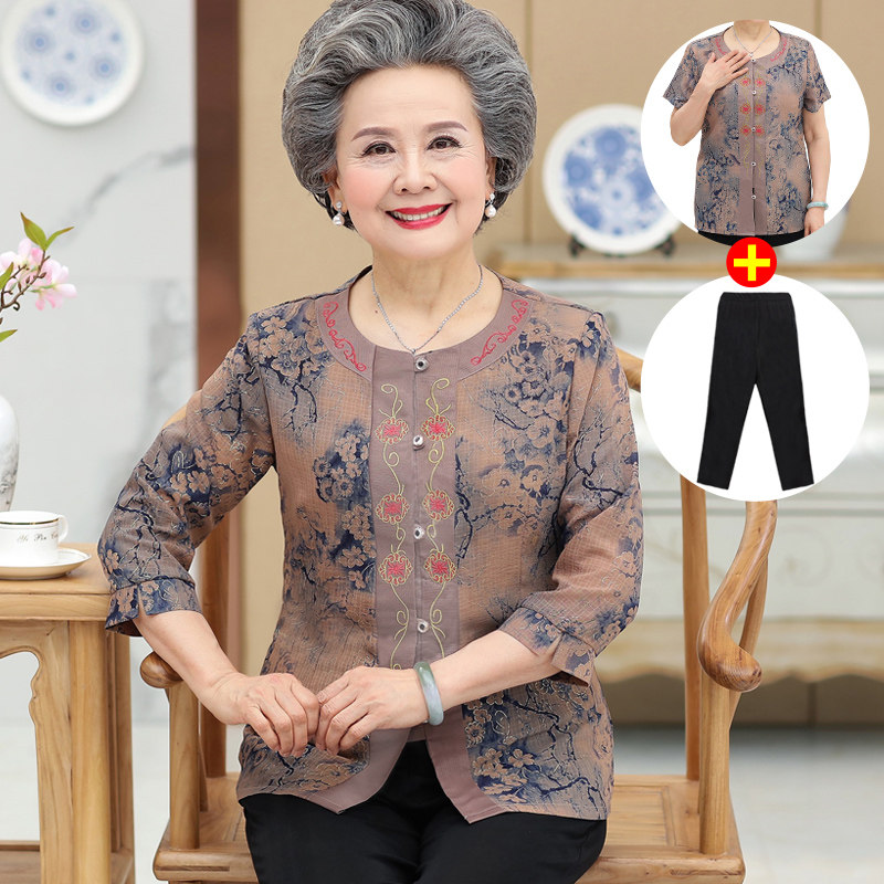 中老年人夏装女短袖60岁老奶奶套装老人衣服70妈妈上衣太太夏季80