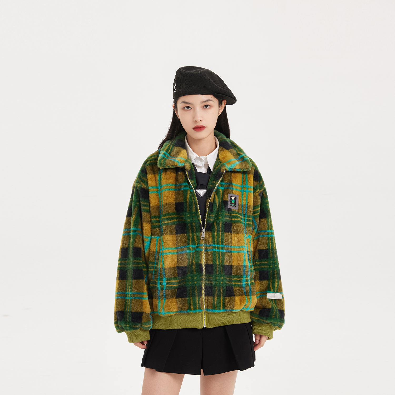 7SHIFT/21AW 潮牌格子兔毛外套皮草夹克加厚保暖毛绒外衣秋冬新款