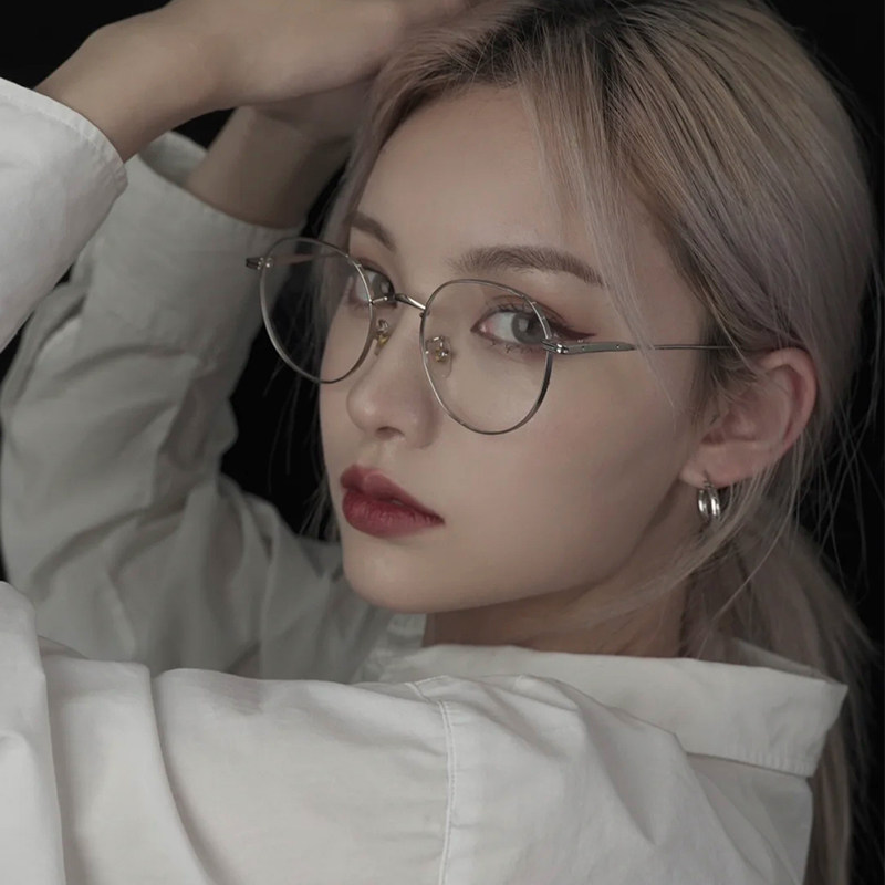 银色近视眼镜女超轻可配度数复古jennie同款圆框眼镜框装饰平光镜