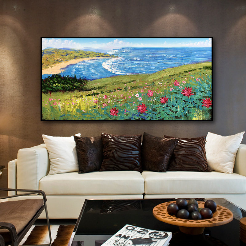面朝大海春暖花开 大幅风景纯手绘油画 现代客厅横款巨幅装饰画