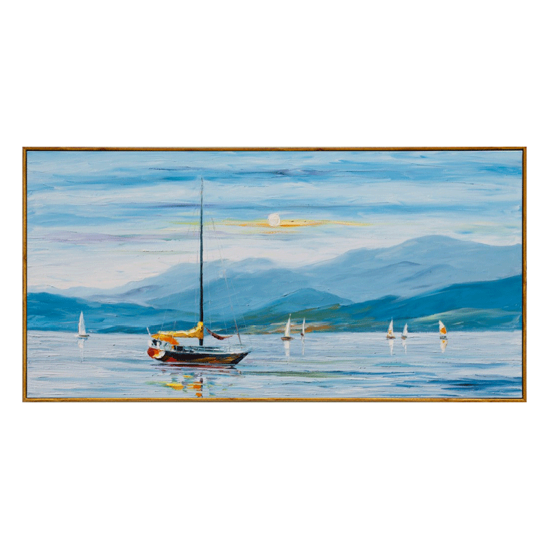 海天一色 厚油刀画 帆船大海海景 纯手绘客厅办公室挂画夜景刀画