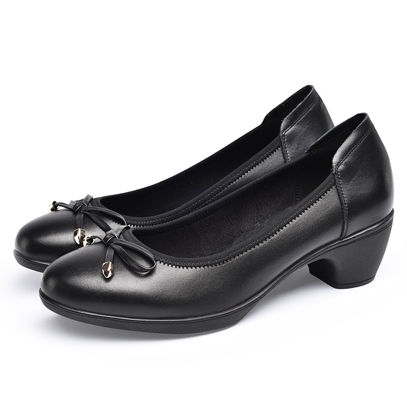 金猴皮鞋春季新款头层牛皮女单优雅粗跟职业单鞋