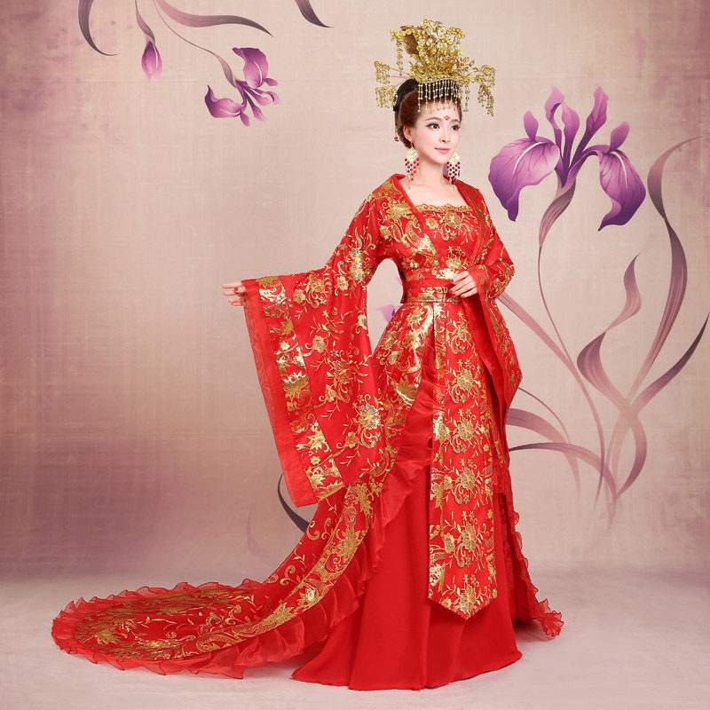 古装婚礼凤冠霞帔汉服女新娘唐朝贵妃公主古代红色演出服拖尾服装