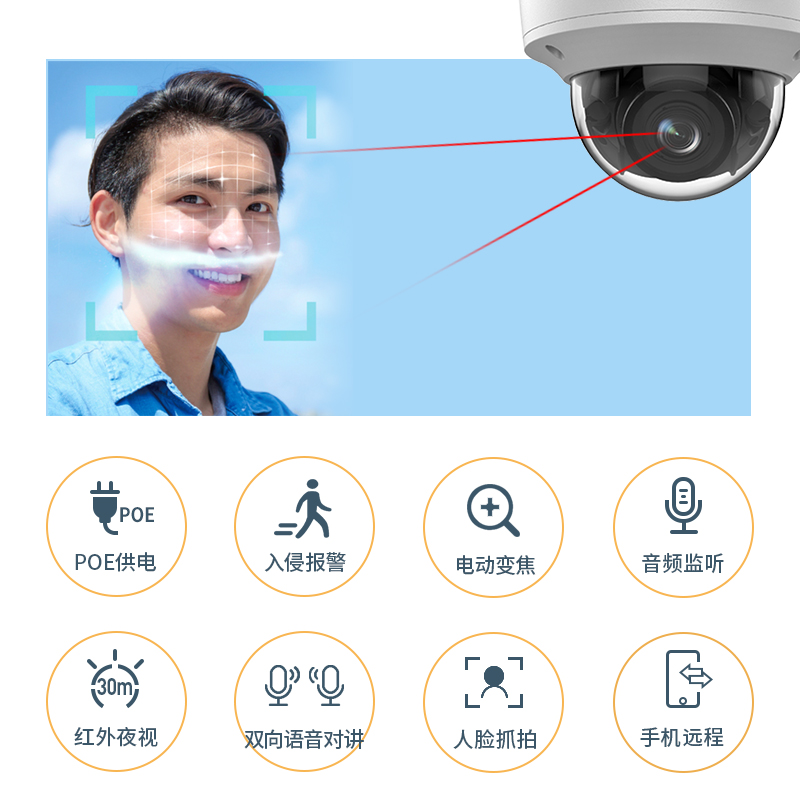 海康威视200万ai智能人脸抓拍识别poe家用高清半球监控器摄像头机