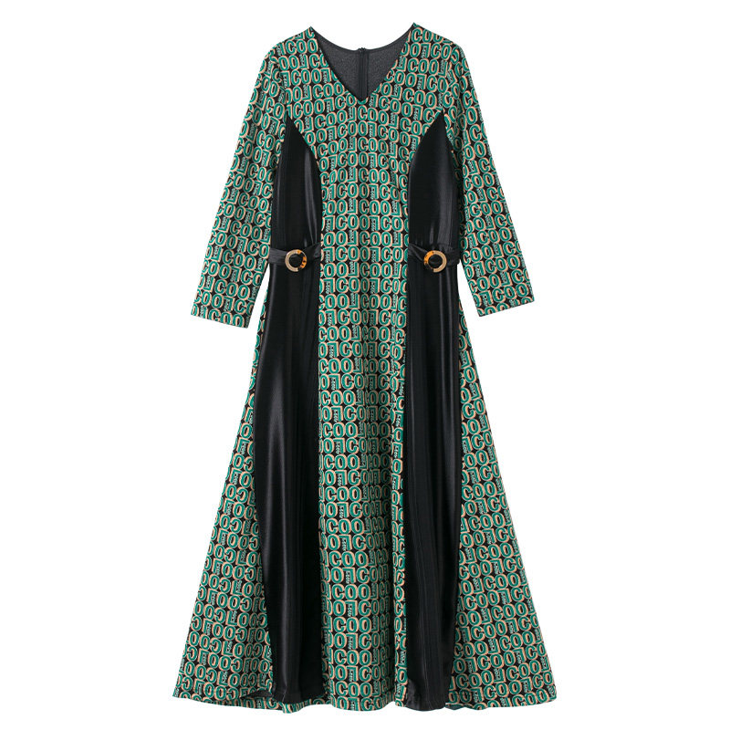 leihon中长雪纺字母拼色丝绒2022年国际李红连衣裙连衣裙