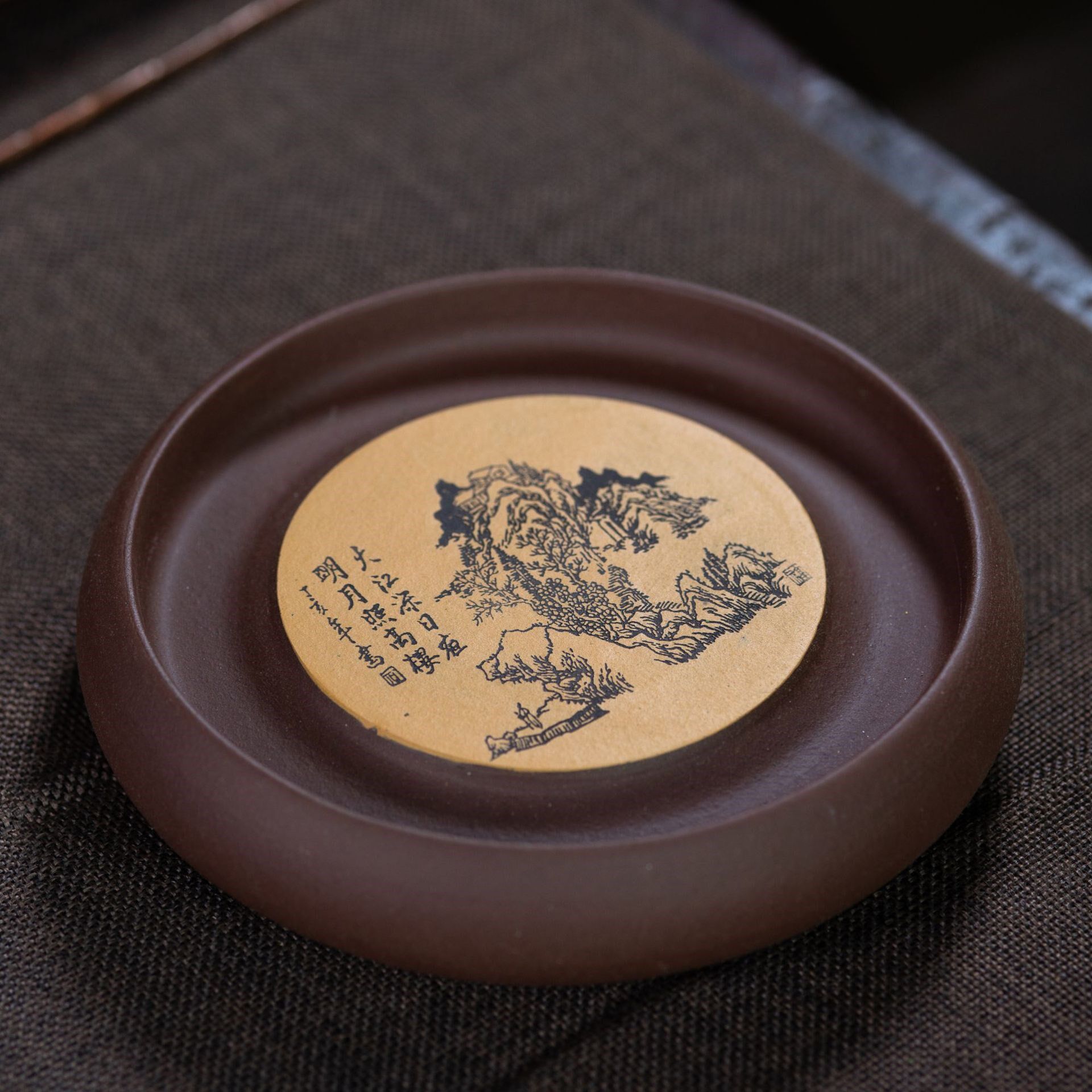 紫砂壶承壶山水陶刻双色泥绘干炮盘挂件摆件茶具茶托