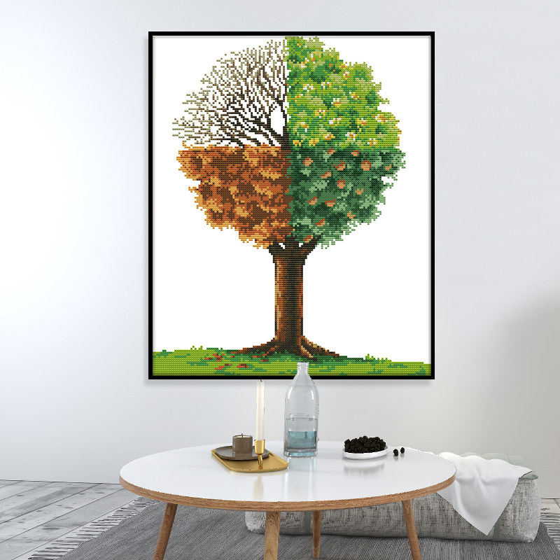 春夏秋冬幸运树十字绣四季树2021款新线绣简单小件客厅楼梯竖版