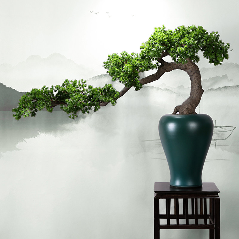 新中式会所玄关端景花瓶绿色蓝绿迎客松松树迎客仿真植物盆景