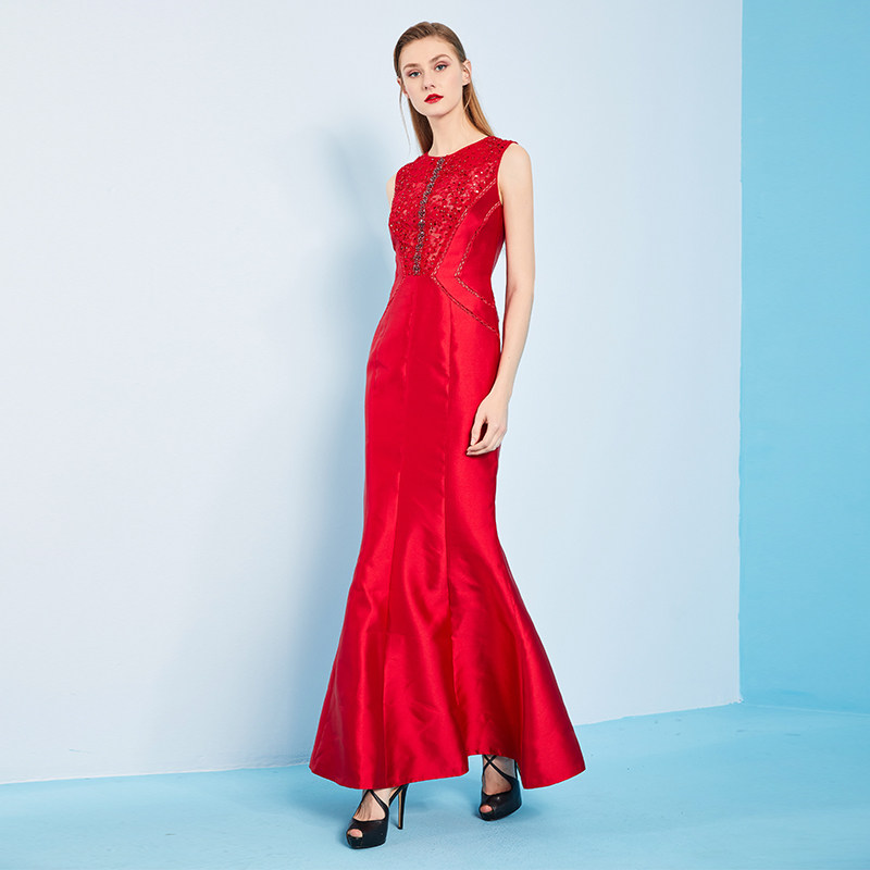 马天奴2020春夏新款红色蕾丝钉珠长款收腰鱼尾连衣裙礼服 - 马天奴