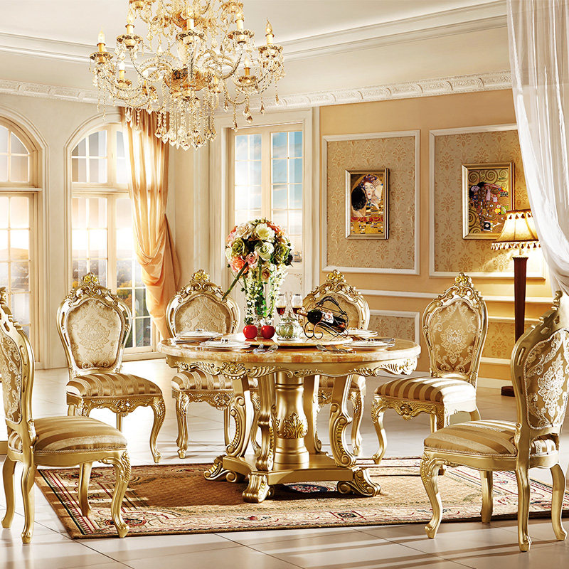 欧式餐桌椅组合大理石圆桌带转盘奢华实木家用小户型简欧圆形餐桌