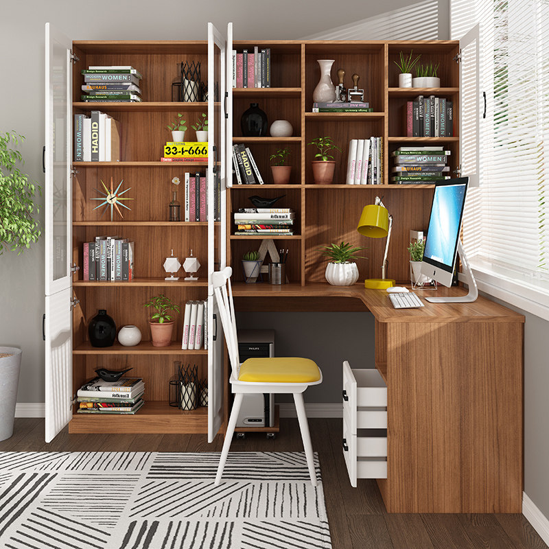 书桌台式台式电脑电脑桌定制转角书柜组合家用简约连体书桌柜