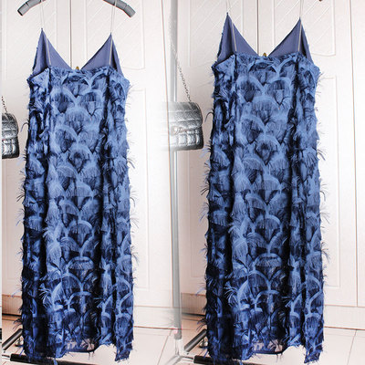 中长款春夏雪纺领细吊带羽毛苏美裙子连衣裙