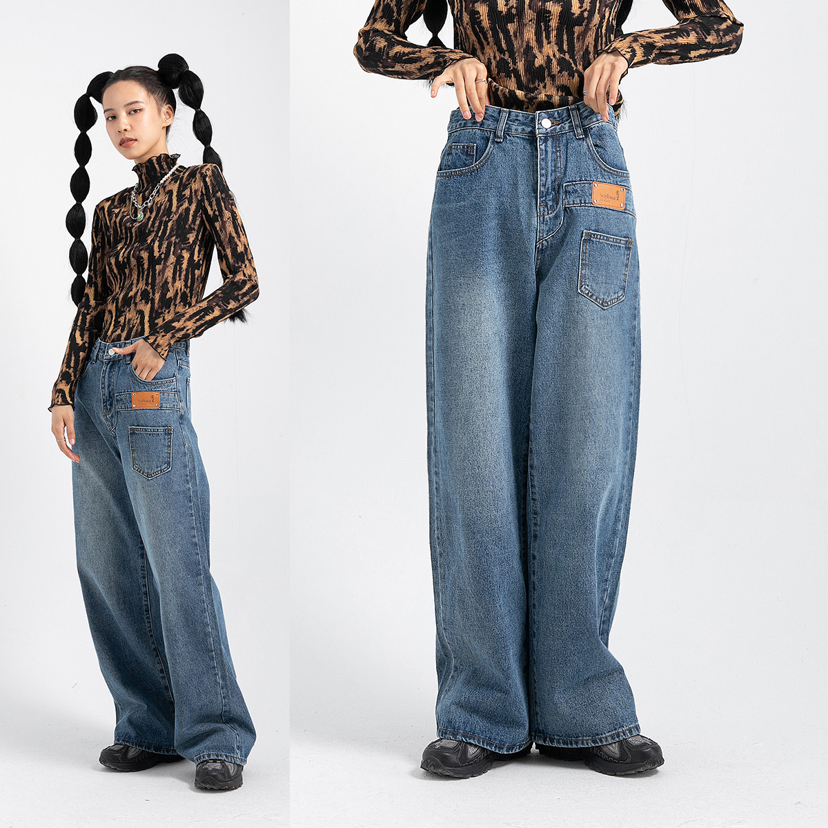 FUNKYFUN宽松直筒口袋设计洗水牛仔裤男女街头百搭阔腿裤潮人长裤