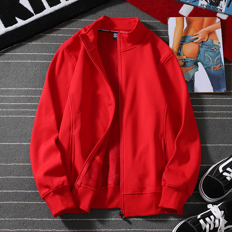 红色高领卫衣男拉链开衫秋款男士加绒薄款纯棉本命年立领无帽外套