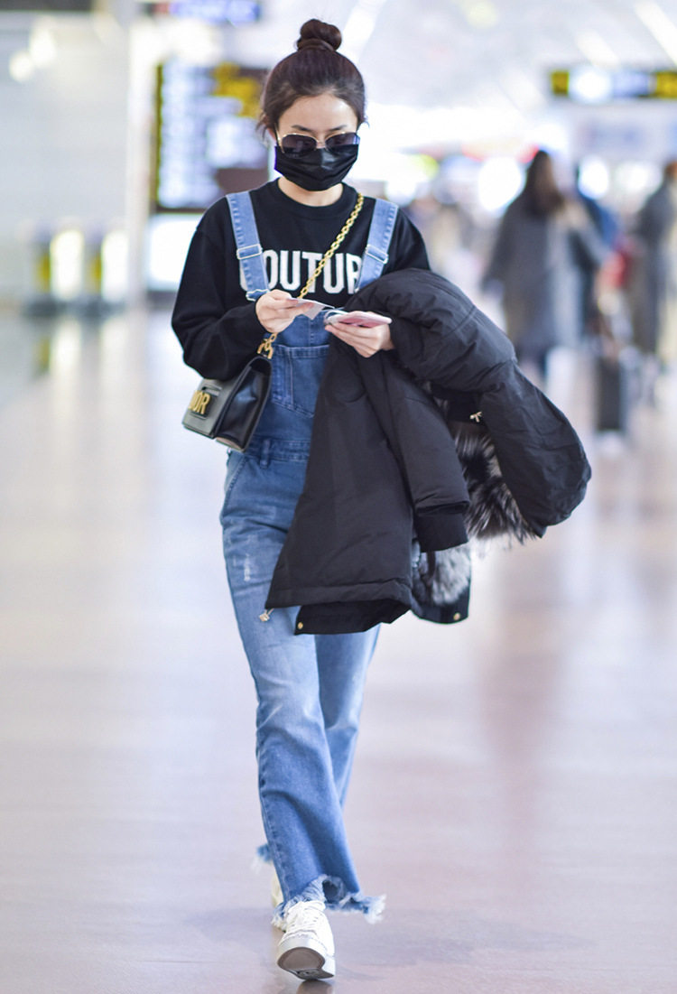 2017春夏季新款女赵丽颖机场明星同款牛仔背带牛仔裤