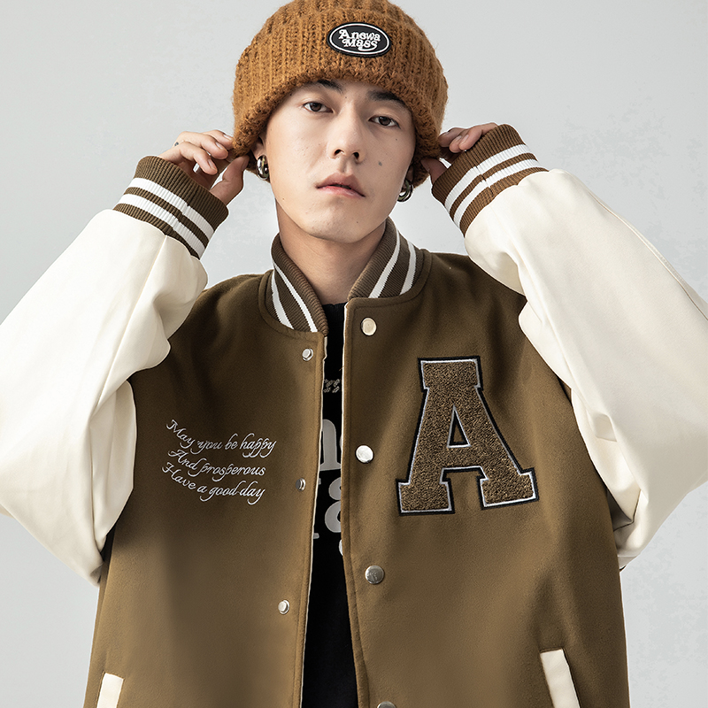 ANEWAMASS国潮嘻哈oversize毛呢棒球服女情侣原创棕色夹克外套男